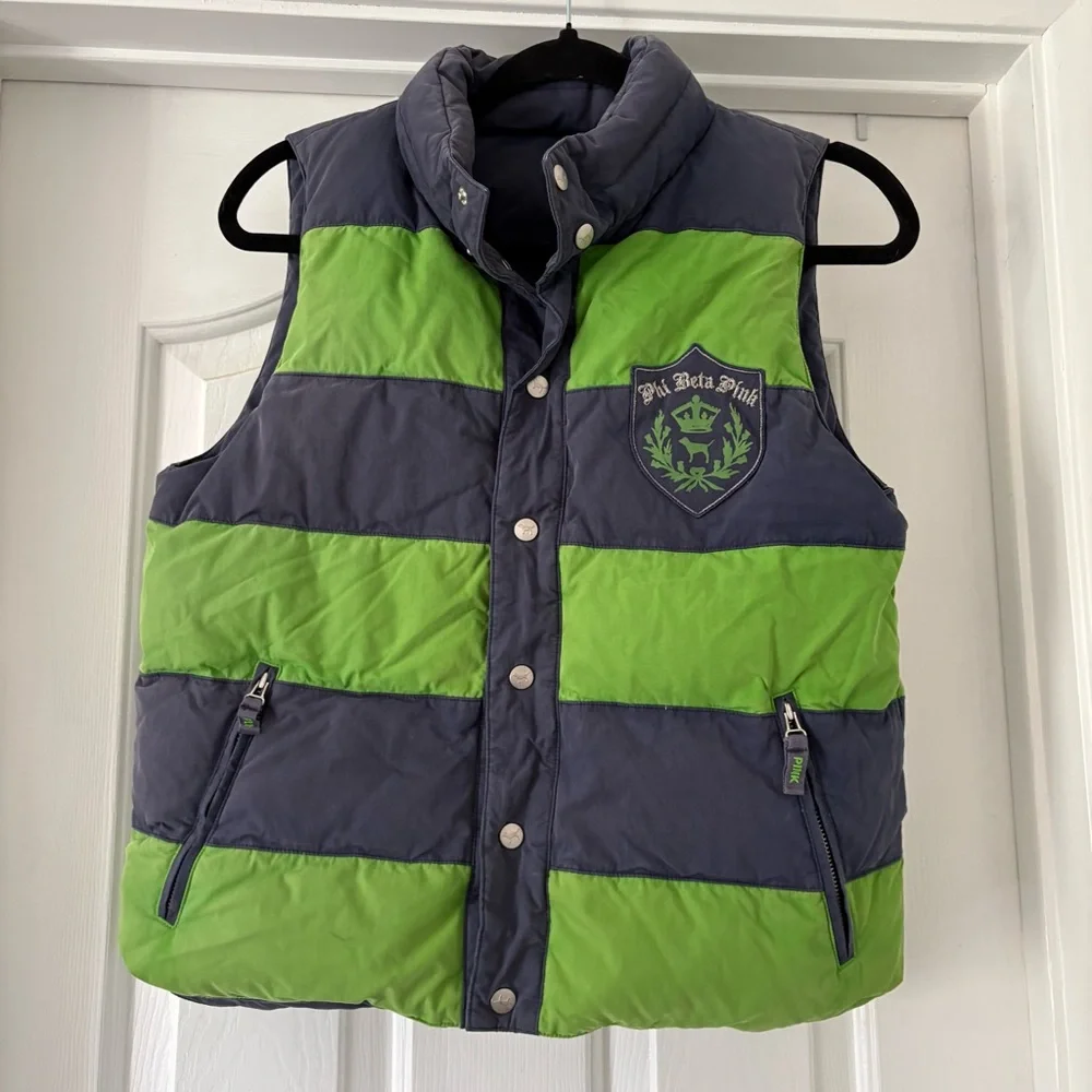 Y2K PINK VS Down Puffer Vest Quilted Reversible Blue Green Stripe Crest XS S VTG